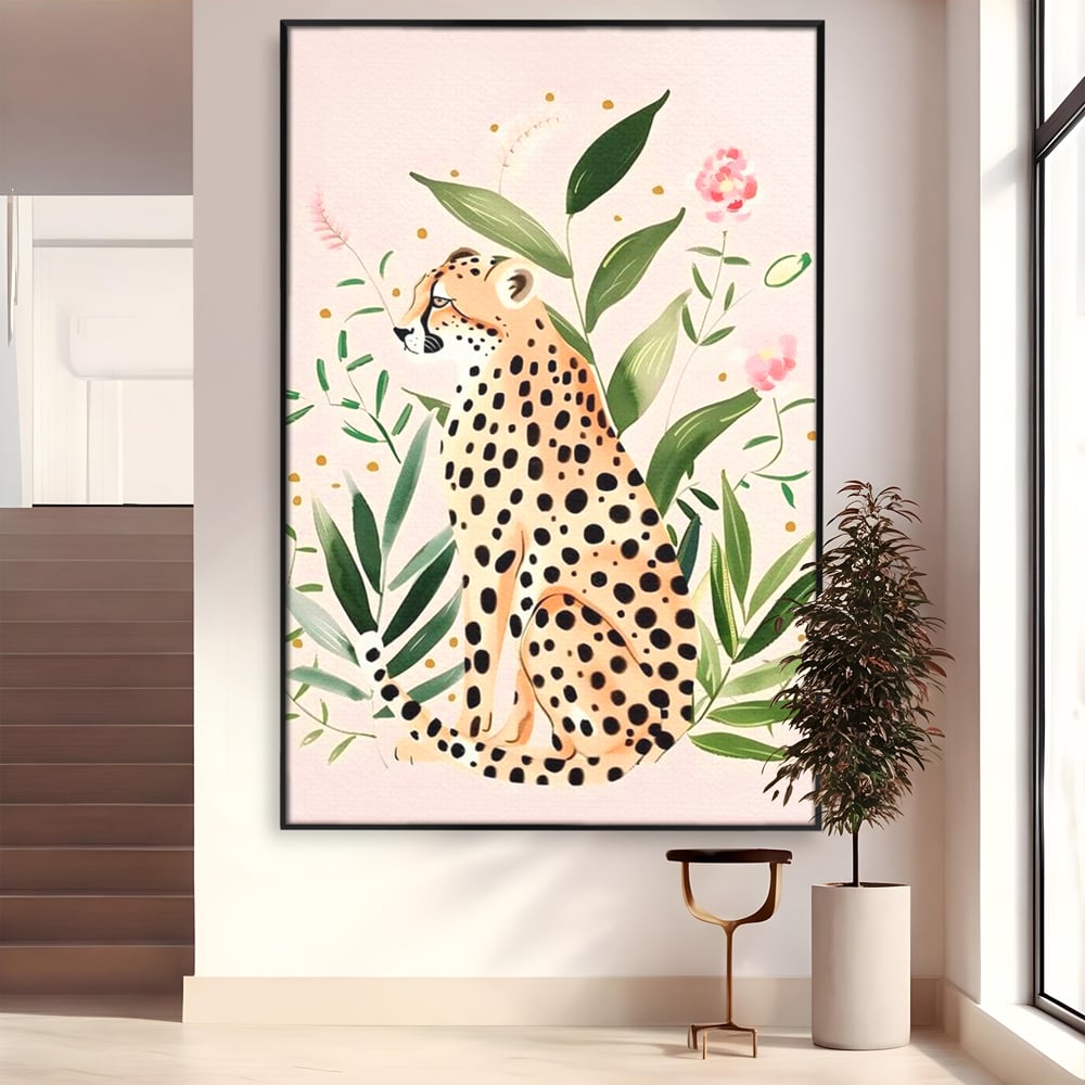 Tablou canvas cu tablou canvas cu leopard si frunze tropicale, in rama de aluminiu negru
